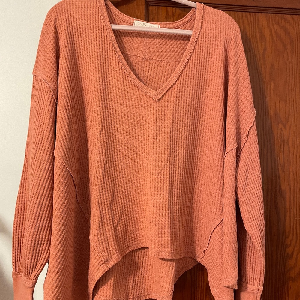 We The Free V-Neck Waffle Knit Sweater - Terracotta